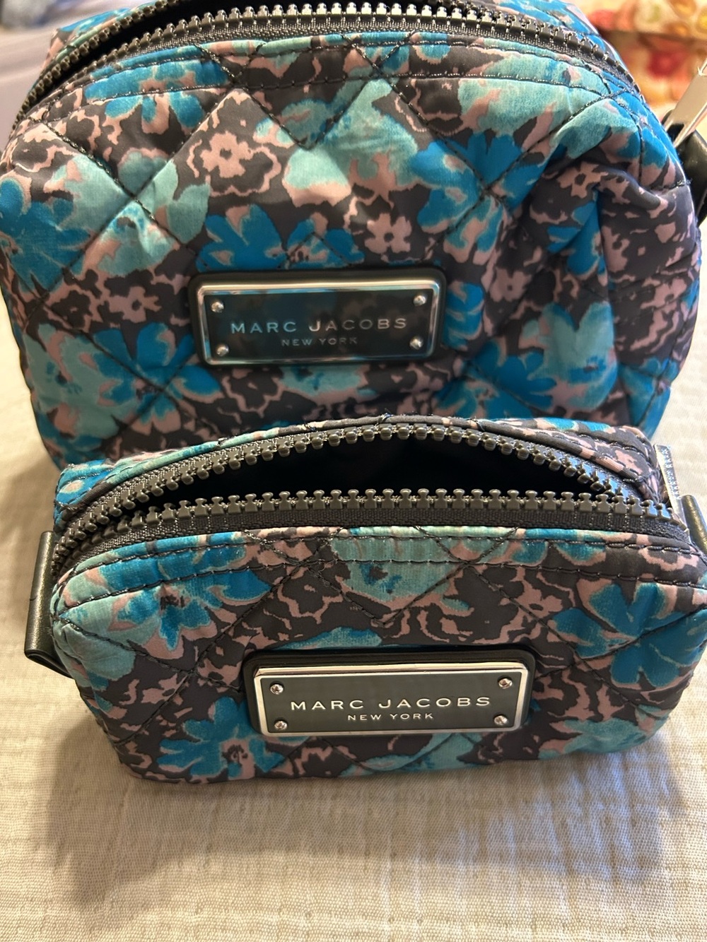 Marc Jacobs Quilted Floral Cosmetic Pouches in Teal & Gray